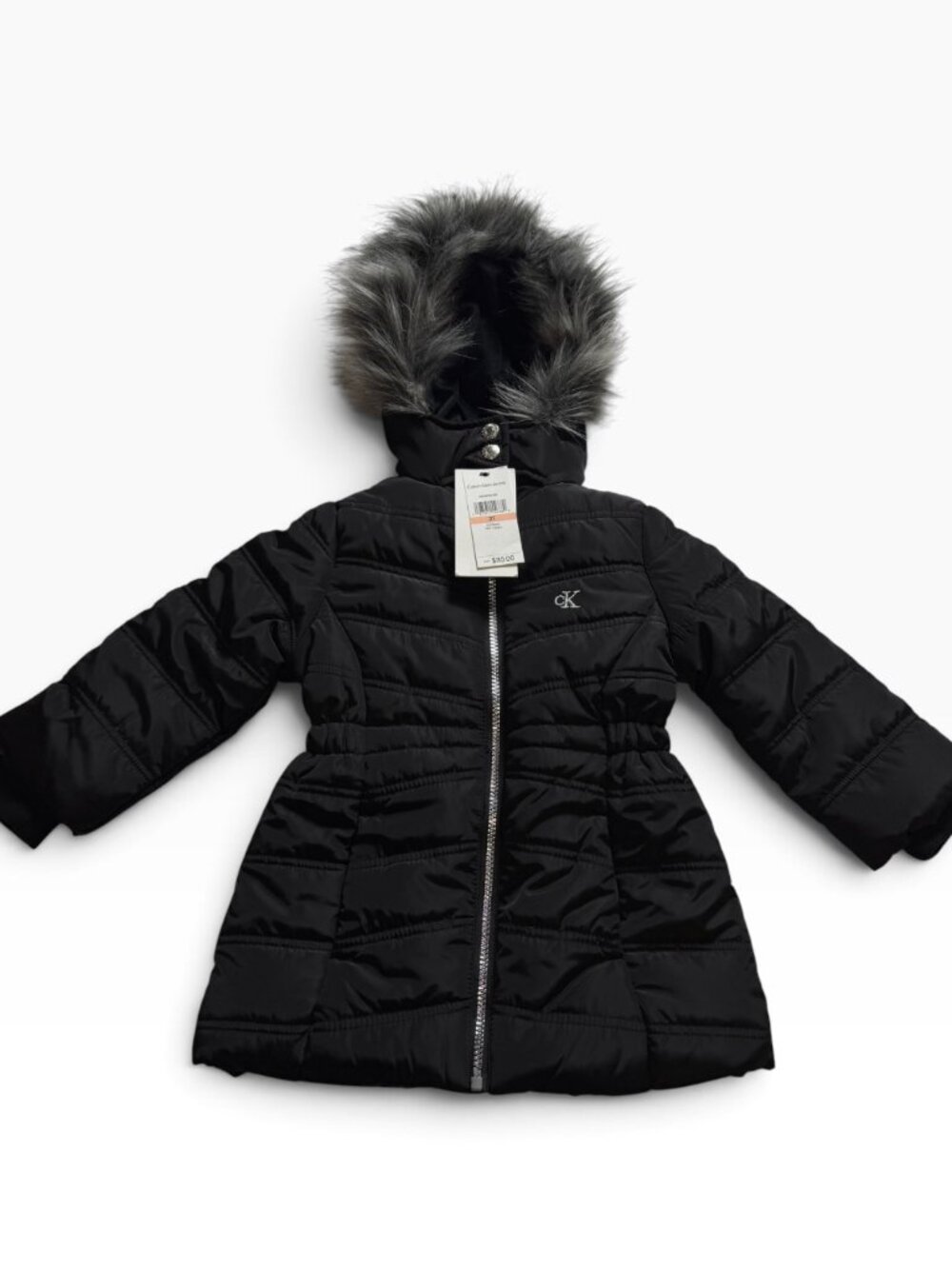 NWT Calvin Klein Girls Size 2T Black Puffer Coat Faux Fur Hood Jacket Brand New!